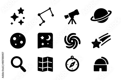 Astronomy Icon Set. Astronomy and stars. Solid icon set of Astronomy and stars: telescope, star chart, observatory dome, night sky, celestial globe,
