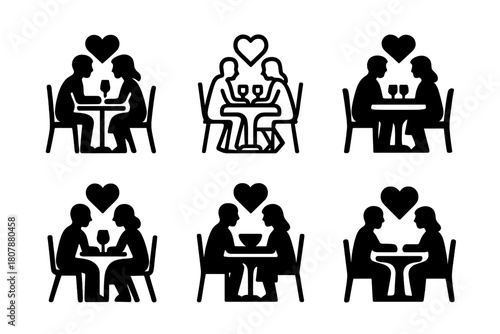 Romantic Logo Variations. Anniversaries and milestone moments in relationships. Icon set. Set Logo of romantic moment: champagne glasses clinking. harmonious