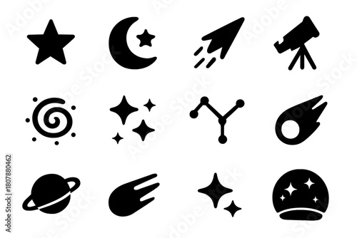 Night Sky Icons. Night sky view. Line icon set of Night sky view: stars, crescent moon, full moon, shooting star, comet, planet, telescope, cloud, owl,
