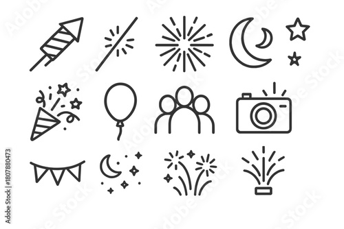 Summer Fireworks Icons. Summer fireworks. Line icon set of summer fireworks: rocket, sparkler, burst firework, moon, star, confetti, balloon, crowd, camera,