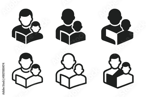 Father-Son Reading Logos. Father and son activity. Icon set. Set Logo of father and son activity: reading a book together. harmonious logo variations of the