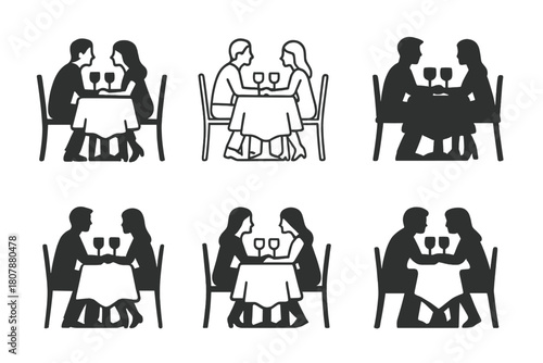 Romantic Logo Variations. Anniversaries and milestone moments in relationships. Icon set. Set Logo of romantic moment: champagne glasses clinking. harmonious