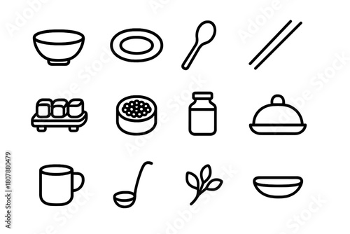 Serving Dishes Icons. Serving dishes. Line icon set of serving dishes: bowl, plate, spoon, chopsticks, sushi platter, caviar tin, small jar, tray, cup, ladle,
