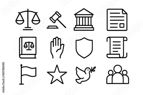 Law Icon Line Art. Justice and law. Line icon set of justice and law: scales, gavel, courthouse, document, book, raised hand, shield, scroll, flag, star, dove,