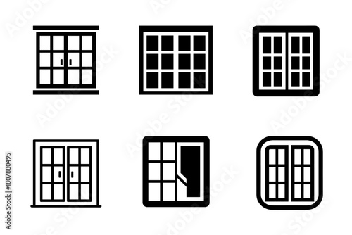 Sliding Door Logos. Sliding doors. Icon set. Set Logo of sliding doors: glass patio slider with two panels and central handle. harmonious logo variations of