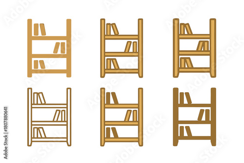 Scandinavian Bookshelf Logos. A modern bookshelf with clean lines and a wood finish. Icon set. Set Logo of A modern bookshelf with clean lines and a wood