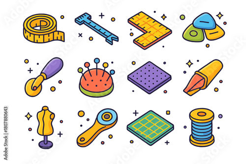 Colorful Sewing Tools. Sewing measurement. Colorful isometric vector icons set of Sewing measurement: tailor?s tape, seam gauge, quilting ruler, pattern