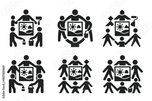 Community Mural Icons. A group of artists working together on a large community mural project. Icon set. Set Logo of Sketch Paper: Design planning. Negative