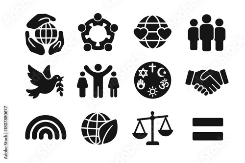 Cultural Diversity Icons. Cultural Diversity. Solid icon set of Cultural Diversity: world hands, unity circle, globe hearts, people silhouettes, peace dove,