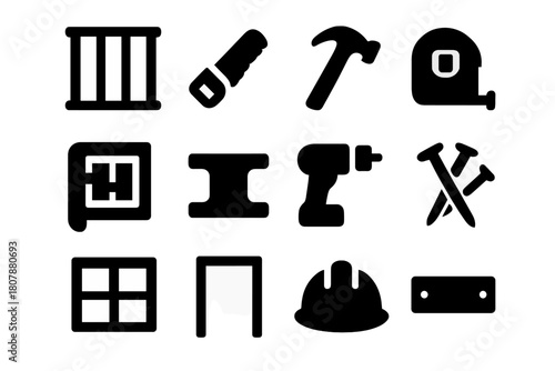 House Framing Icons. House framing. Solid icon set of house framing: wood studs, saw, hammer, measuring tape, blueprint, beam, drill, nails, window frame, door
