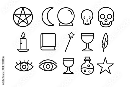 Occult Symbol Icons. Occult symbols. Line icon set of occult symbols: pentagram, crescent moon, crystal ball, skull, candle, book, wand, feather, eye, chalice,
