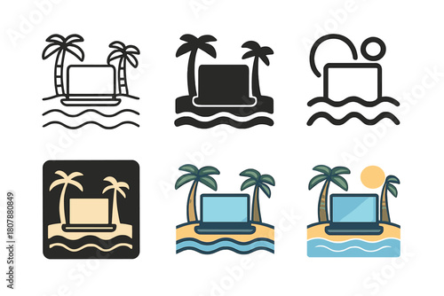 Work Anywhere Logos. Work from anywhere. Icon set. Set Logo of Work from anywhere: Laptop on beach. harmonious logo variations of the same emblematic concept,