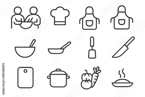 Meal Prep Icons. Meal prep teamwork. Line icon set of Meal prep teamwork: two people, chef hat, apron, mixing bowl, frying pan, spatula, knife, chopping board,