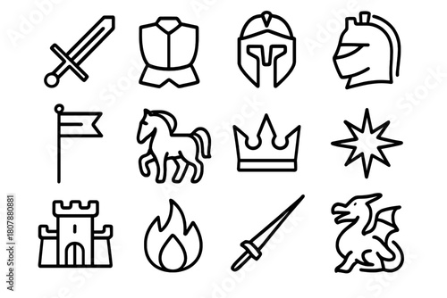 Knight's Valor Icons. Knight?s Valor. Line icon set of Knight?s Valor: sword, shield, armor, helmet, banner, horse, crown, star, castle, flame, lance, dragon.