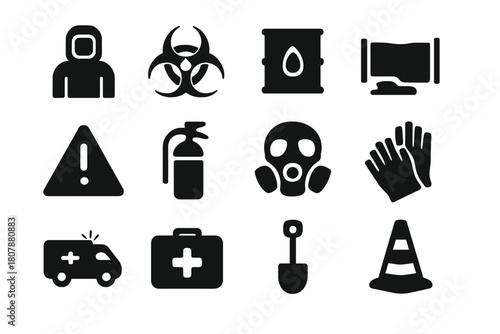 Hazardous Spill Icons. Hazardous Spill Response. Solid icon set of Hazardous Spill Response: hazmat suit, biohazard symbol, chemical barrel, containment