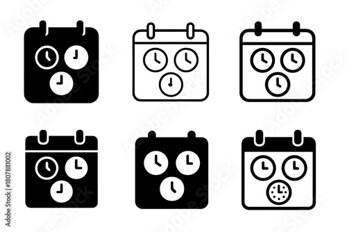 Time Zone Icons. Time zone awareness tools. Icon set. Set Logo of Time zone awareness tools: Calendar with global time. harmonious logo variations of the same