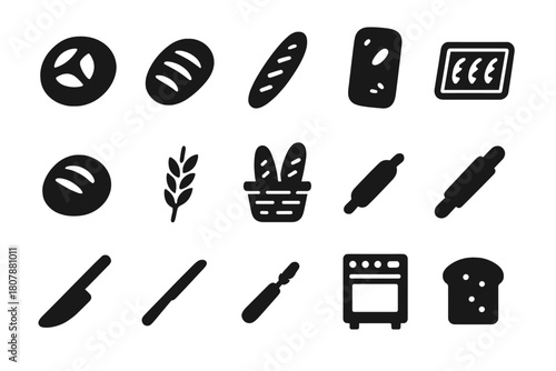 Artisan Bread Icons. Artisan bread. Solid icon set of artisan bread: sourdough, rye loaf, baguette, ciabatta, bread roll, wheat stalk, basket, tray, knife,