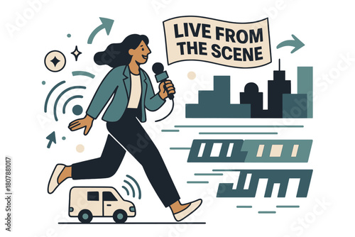 Dynamic Live Report. Remote field report. A reporter holds a portable mic as signal waves leap from a tiny van; ?Live from the scene? flags flutter. City