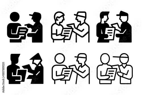 Director Feedback Icons. A director giving feedback to an actor on their performance. Icon set. Set Logo of a director giving feedback to an actor on their