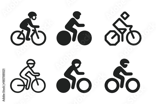 Bicycle Logo Variations. Person on bicycle. Icon set. Set Logo of person on bicycle: silhouette of cyclist in motion within circular frame. harmonious logo