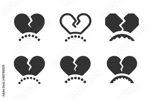 Broken Bridge Icons. Distance in relationship. Icon set. Set Logo of distance in relationship: broken heart with dotted bridge. harmonious logo variations of