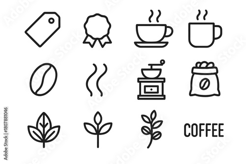 Coffee Icon Set. Coffee shop design. Line icon set of coffee shop design: coffee cup, mug, coffee bean, steam, aroma swirl, leaf, grinder, sack, label tag,