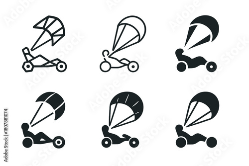 Kite Buggy Logos. Kite buggy. Set Logo of Kite buggy: traction kite towing sand buggy. harmonious logo variations of the same emblematic concept, each with