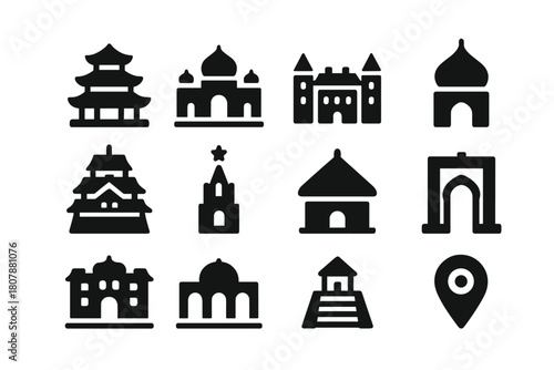 Global Cultural Palaces Icons. Cultural palaces. Solid icon set of Cultural palaces: Asian pagoda, Indian palace, European chateau, Arabic dome, Japanese