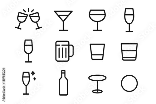 Iconic Cocktail Celebration. Cocktail toast. Line icon set of cocktail toast: clinking glasses, martini glass, cocktail glass, wine glass, champagne flute,