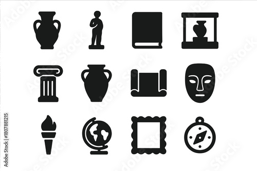 Museum Icon Collection. Museum and artifacts. Solid icon set of museum and artifacts: vase, statue, book, display case, column, pottery, scroll, mask, torch,