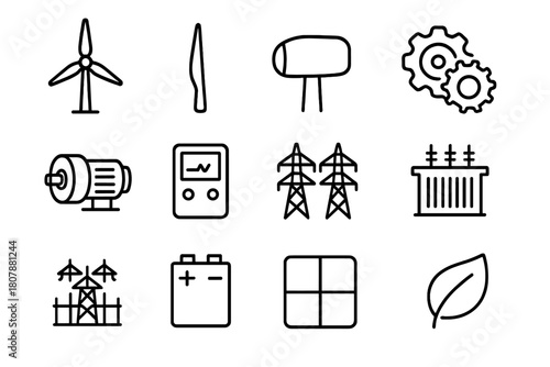 Wind Energy Icons. Wind energy. Line icon set of wind energy: wind turbine, blade, nacelle, gearbox, generator, control panel, power lines, transformer,