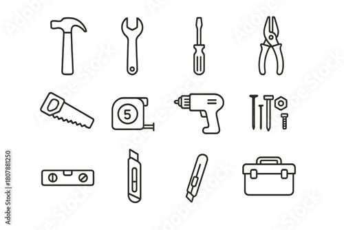 Handyman Tool Icons. Handyman tools. Line icon set of Handyman tools: hammer, wrench, screwdriver, pliers, saw, tape measure, drill, nails, bolts, level,