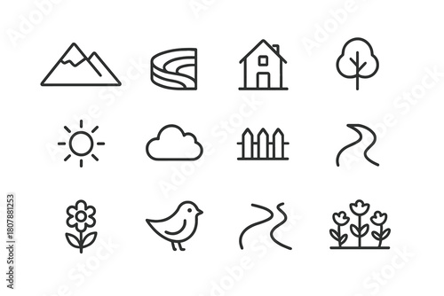 Countryside Icon Set. Countryside view. Line icon set of countryside view: mountain, terraced field, house, tree, river, sun, cloud, fence, road, flower, bird,