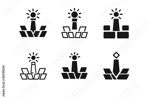 Solar Energy Icons. Solar power plants. Icon set. Set Logo of solar power plants: solar tower and mirrors. harmonious logo variations of the same emblematic
