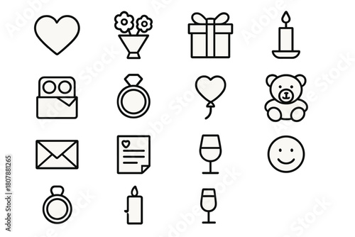 Romantic Gesture Icons. Romantic Spontaneity in Long-Term Relationships. Solid icon set of Romantic Spontaneity in Long-Term Relationships: surprise gift,