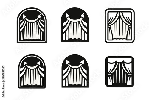 Theater Curtain Logos. Curtains drawn in theater. Icon set. Set Logo of Curtains drawn in theater: Spotlights on closed curtains. harmonious logo variations of