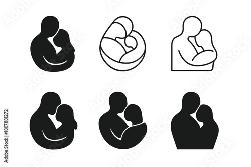 Romantic Silhouette Icons. Love. Icon set. Set Logo of Couple Silhouette: Romantic embrace. Abstract geometric, Stylized detail, Minimal outline, Filled