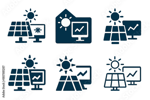 Solar Energy Logos. Solar power plants. Icon set. Set Logo of solar power plants: control and monitoring system. harmonious logo variations of the same