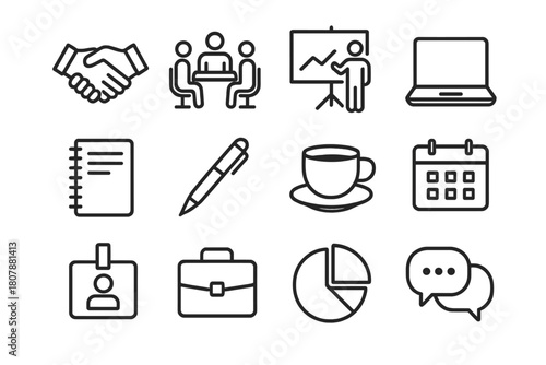 Client Meeting Icons. Client Meeting. Line icon set of Client Meeting: handshake, conference table, presentation screen, laptop, notepad, pen, coffee cup,