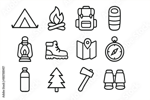 Camping Icons Set. Camping trip. Line icon set of Camping trip: tent, backpack, sleeping bag, campfire, lantern, hiking boots, water bottle, map, compass,
