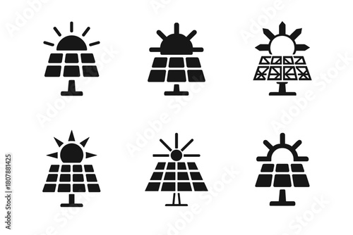 Solar Plant Logos. Solar power plants. Icon set. Set Logo of solar power plants: solar grid connection. harmonious logo variations of the same emblematic