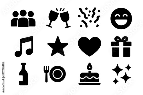 Celebration Icons. Group joy. Line icon set of group joy: people group, smile, heart, music note, dancing couple, clinking glasses, fireworks, confetti, cake,