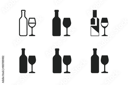 Alcoholic Logo Icons. Alcoholic Beverages. Icon set. Set Logo of Alcoholic Drinks: wine glass and bottle silhouette. harmonious logo variations of the same