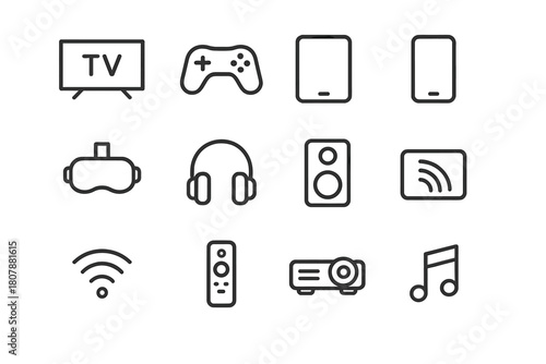 Smart Entertainment Icons. Smart entertainment. Line icon set of smart entertainment: smart TV, game controller, tablet, smartphone, VR headset, headphones,