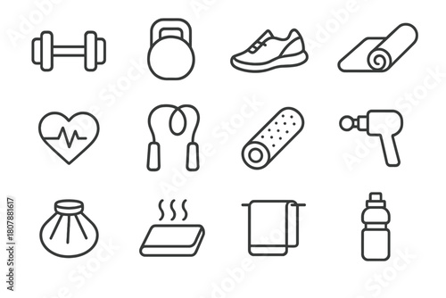 Fitness Icon Set. Fitness tracking. Solid icon set of Fitness tracking: smartwatch, running shoe, heart rate, step counter, dumbbell, stopwatch, water bottle,