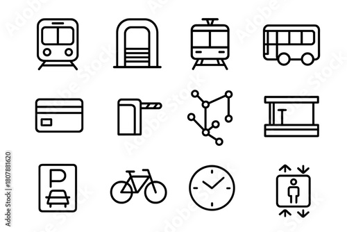 Public Transit Icons. Public transportation hub. Solid icons set of Public transportation hub: bus stop, shelter, timetable, ticket machine, metro entrance,