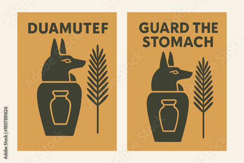 Duamutef Banner Pair. Canopic Protector. Two vertical A6 banners with safe margins, centered composition, no elements touching edges, flat vector design, ochre