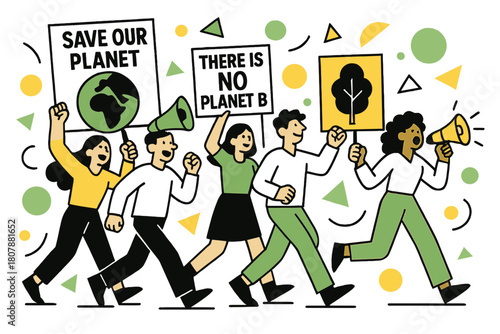 Vibrant Environmental Protest. Environmental Protests. Wide view of environmental march with banners, megaphones, and floating abstract geometric shapes,