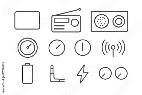 Digital Radio Icons. Digital radio. Line icon set of digital radio: display screen, radio, antenna, speaker, tuning dial, volume knob, power button, signal