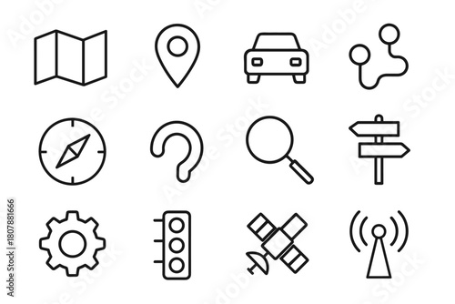 Interactive Map Icons. Interactive map interface. Line icon set of Interactive map interface: map, GPS pin, car, route line, compass, turn arrow, magnifying